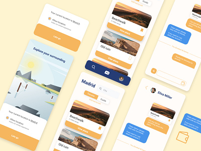Overview- Explore your area appdesign explore figma find friends guide ideas iphone location mobile orange overview places sightseeing social summer sunny day travel uielements vacation