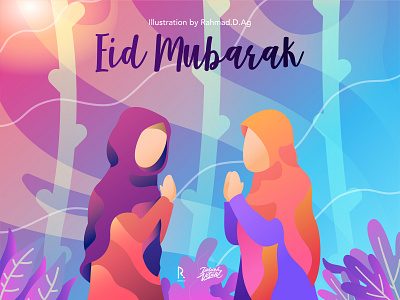 Eid Mubarak 1440H akhwat cartoon character eid fitri eid mubarak gradient hand draw hijab moslem holiday woman illustration