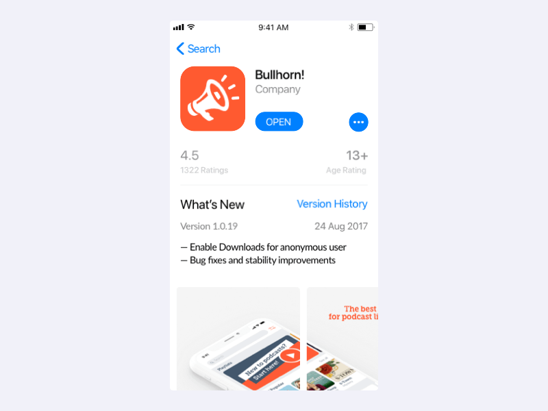 Bullhorn app applicaiton appstore googleplay listening mobile new app podcast