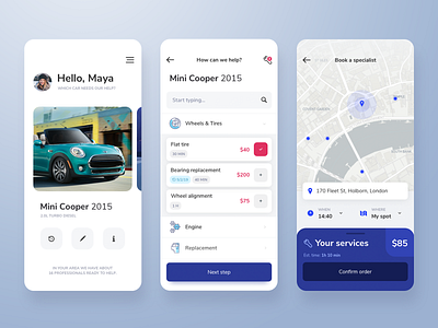 Car Repair - Order a Mechanic app booking car ios iphone map mobile navy blue order repair service ui ux vehicle white