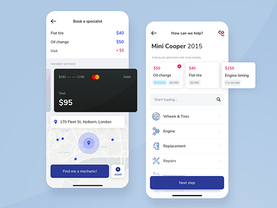 Car Repair - Find Service and Choose Payment Method app blue booking car credit card debit design garage interface ios iphone map mechanic mobile order payment repair specialist ui ux