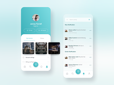 Travel app concept account color home interface menu mobile notification notifications profile settings social tab travel trip
