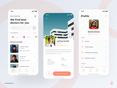 Medical app exploration P-2 address app design card design card ui doctor doctor appointment email faceid home message mobile app notification online consultant online medical password payment phone profile subscription