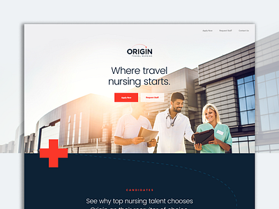 Origin Travel Nursing Homepage Design branding bright clean coral design healthcare homepage design light microsite modern navy blue nursing website