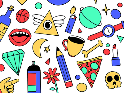Colorfull bright icons cofee color handdraw icon icons illuminati illustration mouth pattern pencil pizza procreate