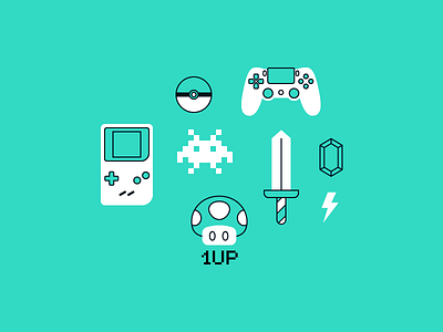 Video-game icons 1up 8bit bolt duotone flat gameboy icon icons illustration jewel playstation pokeball pokemon sword vector videogame
