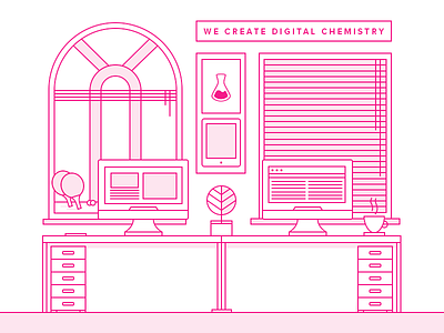 Desks desk illustration imac ipad line art pink window