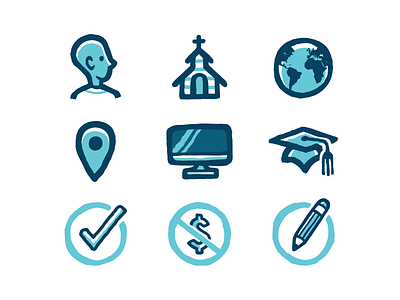 Icons child church computer earth globe graduation icons illustration location money pencil pin