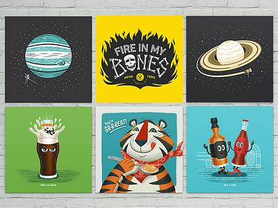 New Prints bones coke fire guiness illustration jack jupiter saturn space tony the tiger typography