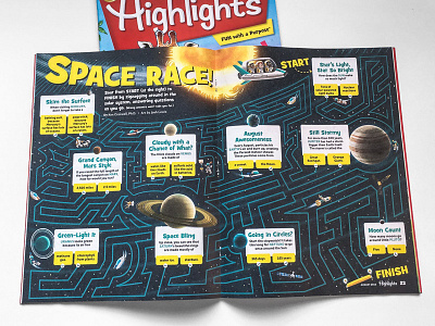 Highlights - Space Race! astronaut children editorial illustration kids magazine satellite space stars