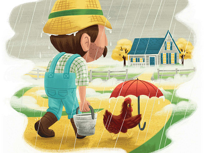 Giving Farmer 3 book chicken children farmer house illustration kids picture book picture books rain umbrella