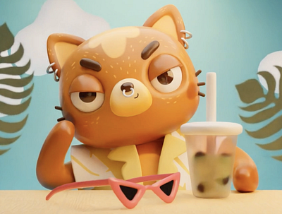 3D cat drinking Bubba tea 3d 3dillustration 3dmodel blender cat character character design illustration