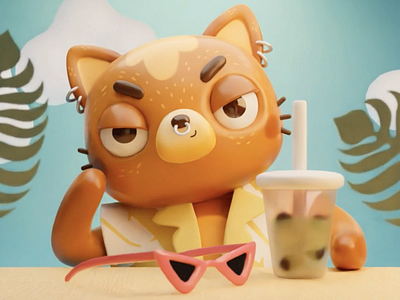 3D cat drinking Bubba tea