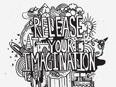 Release Your Imagination black black and white design doodle handdrawn illustration marker sharpie white