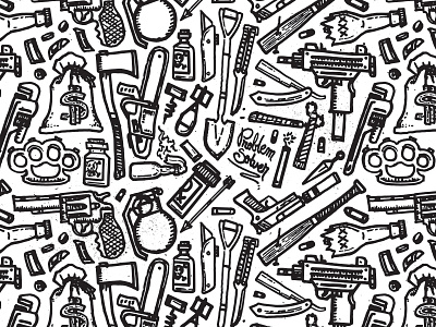 'Problem-Solvers' in pattern black design greyscale gun hand drawn icon illustration knife sword texture weapon white