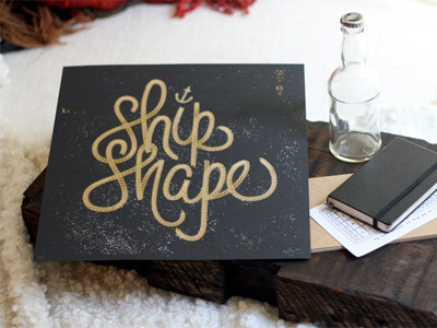 Shipshape Output black design gold grey greyscale illustration printmaking screenprint script texture type white