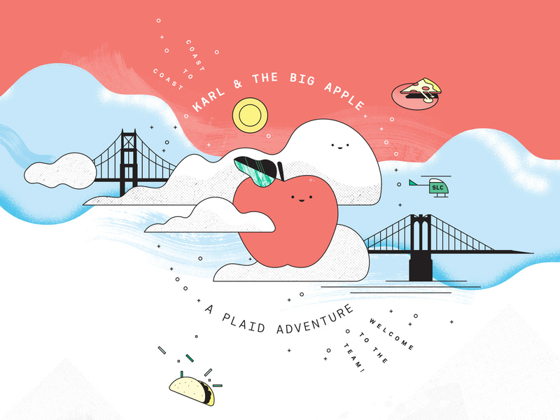 Karl and the Big Apple salt lake city brooklyn golden gate bridge clouds pizza taco san francisco new york illustration