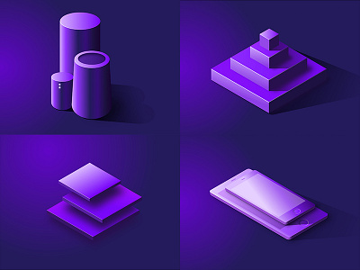 4 Up Isometric illustrations isometric phone purple pyramid shapes