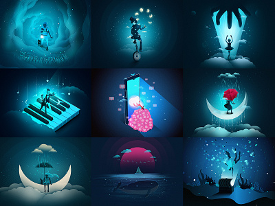 Dreaming Blue adobe blue digitalart dream graphicdesign illustration moon silhouette space stars vectorart vectorillustration wallpaper