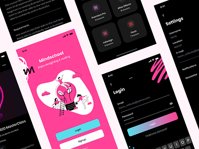 Mindschool app design beautiful beauty clean dark dark app dark theme dark ui design illustration mobile nice pink ui