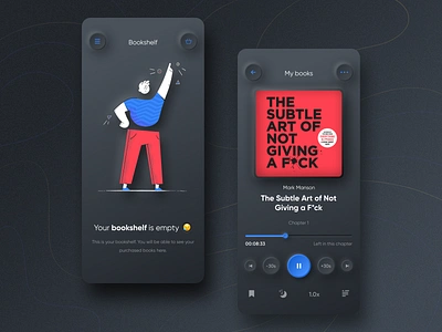 Audiobook App - Neumorphism style app audio player audiobook blue book bookshelf colors design designer illustration neumorphism pink play player style typography ui ux