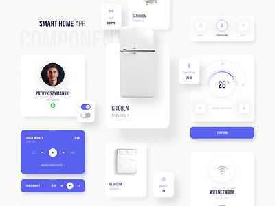 Smart Home App - Components app app design application colors components design design app designer home kitchen lights music musicplayer purple smarthome temperature ui ux white wifi