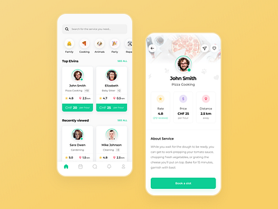Elvin App app application book booking colors dashboard description design emoji green main pizza price rate search services top ui ux yellow