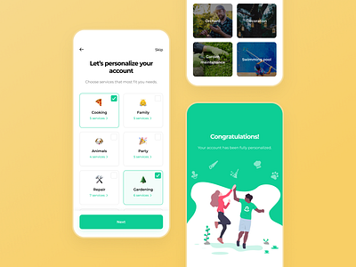 Elvin App - Account personalization account app booking colors design figma figma design green home illustration input log in onboarding personalization photos services sign up typography ui ux
