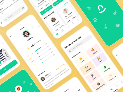 Elvin App - screens bar button checkbox component dashboard design emoji home icons illustration input location log in onboarding profile progress reviews search results services sign up