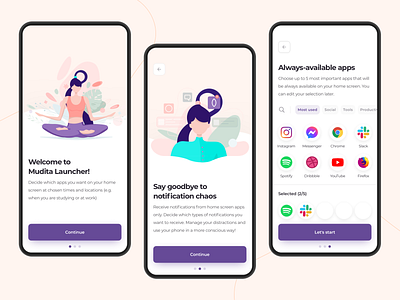 Mudita Launcher - Onboarding app apps branding button colors design icons illustration input log in logo mindfull onboarding routine schedule sign up typography ui ux