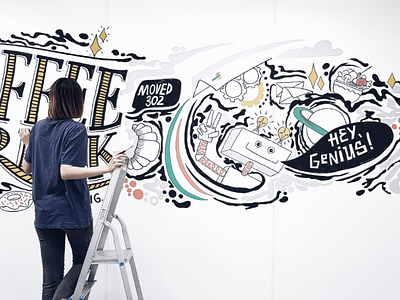 Mural in office illustration lettering mural paint robot