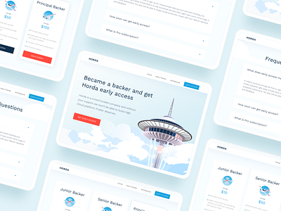 HORDA website UI blue clean cloud clouds dart design desktop digital flutter horda illustration seattle space needle tablet ui ux vector website