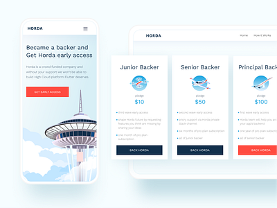 HORDA website UI backend blue cloud clouds design desktop digital flutter horda illustration interface mobile pricing page seattle space needle ui ux vector web website