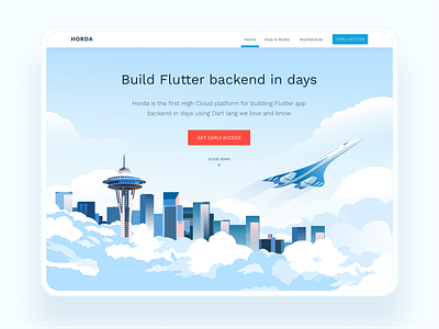 HORDA UI key-visual blue clean cloud clouds design digital illustration interface interfaces seattle space needle tablet ui uiux ux uxui vector web website white