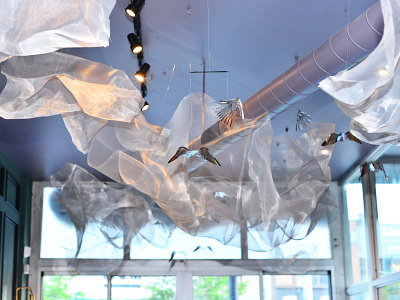 Demetres Cafe - Interior Art & Graphics ambient art art installation birds clouds interior decor metal mobile statement wire mesh