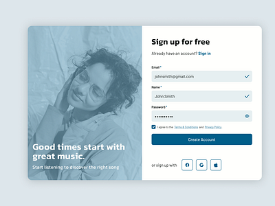 Sign up modal for music streaming site on desktop browser design desktop modal music streaming sign up ui
