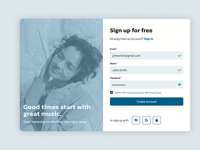 Sign up modal for music streaming site on desktop browser