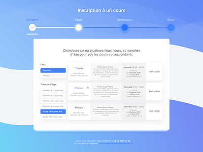 Swiss Swimming School ENT - book a course module book a course booking card component flat french layout progress bar swimming school swiss usability user experience design website