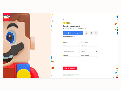 Sign-up Page | Daily UI 001 | Lego ft. Nintendo partnership branding daily 001 daily 100 daily 100 challenge daily ui daily ui challenge desktop inscription lego mario nintendo registration form registration page sign up signup ui web