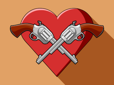 love kills quickly cartoon cel shading guns heart revolver tattoo valentines vector western