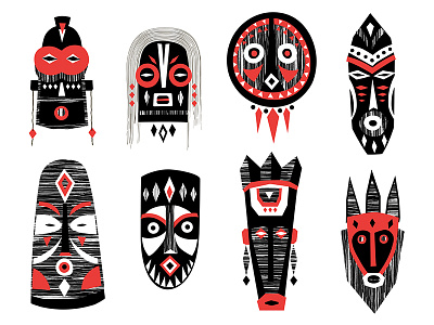 Masks&Amulets africa design ethnic folk hand drawn illustration mask pagan pattern poster tribal vector