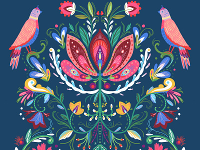 Folk Flora Blue birds cover art digital editorial art floral folkart folkloric illistration