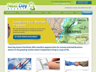 Next Day Access Franchise Website green web web design website white yellow