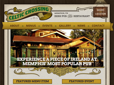Celtic Crossing Website brown green homepage restaurant web web design website yellow