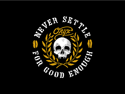 Never Settle Badge Redux badge black and gold circular coffee beans coffee cherry coffee plant illustration laurel wreath lettering skull