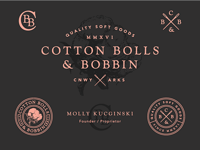 Cotton Bolls & Bobbin Marks arkansas badge branding cotton identity illustration lockup monogram small business soft goods typography