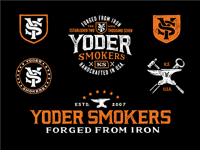 Yoder Smokers Identity anvil badge bbq branding identity illustration iron lettering lockup monogram smoker tools