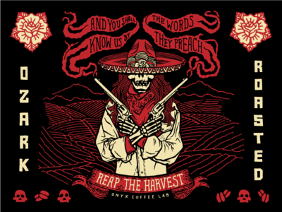 Fear The Reaper bandito coffee gun illustration lettering packaging rose six shooter skull smoke sombrero