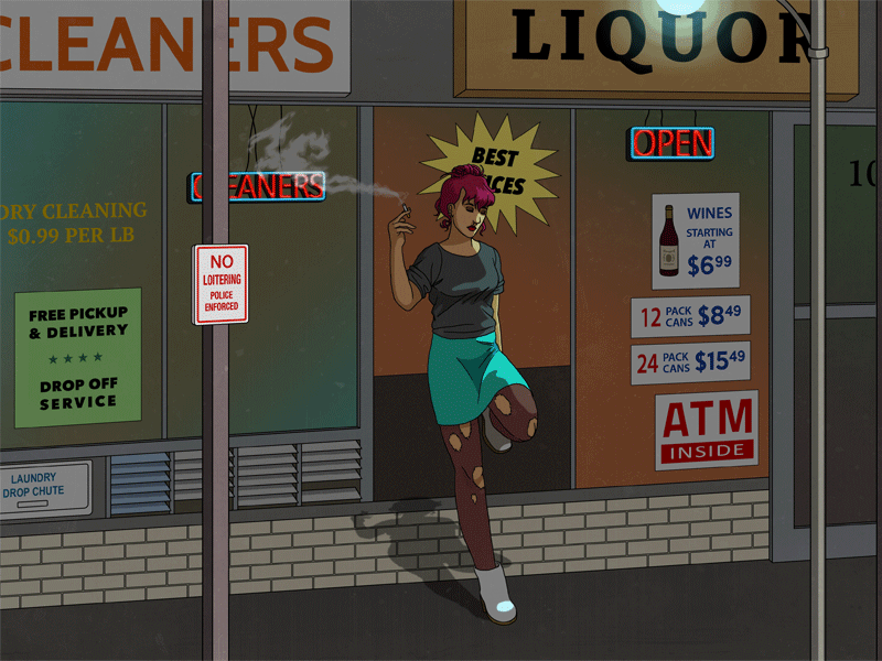 Strip Mall Night Animation animated gif character fashion night smoking woman