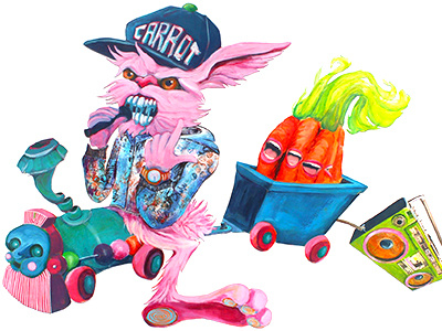 angry pink rabbit with his carrot singers acrylic carrot illustration locomotive pink rabbit rap